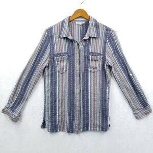 Serengeti Blouse Women M Blue Striped Cotton Long Roll Sleeve Hippie Boho Slim